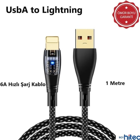 6A 120W UsbA to Lightning 1Metre Hızlı Data ve Şarj Kablosu Beyaz YK233B