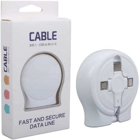 PM-27143 1 Metre Makaralı 3in1 Şarj Kablosu | Lightning + Type-C + Micro USB | Hızlı Şarj & Veri Aktarım | Taşınabilir Çoklu Kablo