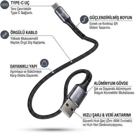 USB-Type C Ultra Dayanıklı Yüksek Veri Aktarımlı Şarj Kablosu