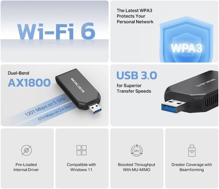 MA70XM | AX1800 Wi-Fi 6 Kablosuz USB Adaptör | 1800 Mbps Çift Bant Hız | USB 3.0 | Dahili Sürücü (Tak-Çalıştır) | MU-MIMO | WPA3 Güvenlik | Windows 11/10 Uyumlu Mini Wi-Fi Alıcı