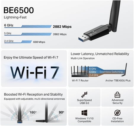 Archer TBE400U Plus | BE6500 Wi-Fi 7 Üç-Bant USB Adaptör | 6500 | Mbps Yüksek Çekim Gücü | MLO Teknolojisi | USB 3.0 | WPA3 Güvenlik | Windows 11/10 Tak Çalıştır | Oyuncu Ağ Adaptörü