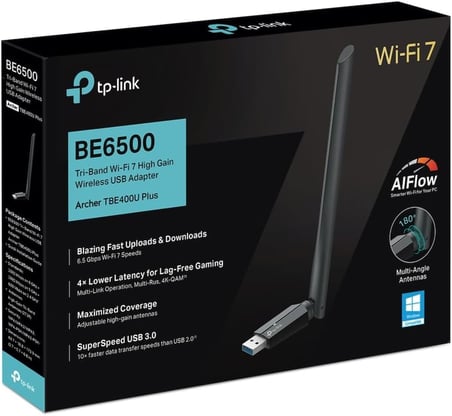 Archer TBE400U Plus | BE6500 Wi-Fi 7 Üç-Bant USB Adaptör | 6500 | Mbps Yüksek Çekim Gücü | MLO Teknolojisi | USB 3.0 | WPA3 Güvenlik | Windows 11/10 Tak Çalıştır | Oyuncu Ağ Adaptörü