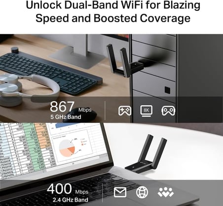 Archer T5U Plus AC1300 WiFi USB Adaptör, Dual Band 1300 Mbps (867 Mbps 5GHz + 400 Mbps 2.4GHz), USB 3.0, Çift Yüksek Kazançlı Anten, WPA3, Windows Uyumlu Kablosuz Adaptör