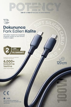 100W Potency Type-C to Type-C Isıya Dayanıklı Hızlı Şarj ve Data Kablosu 1.2m Siyah
