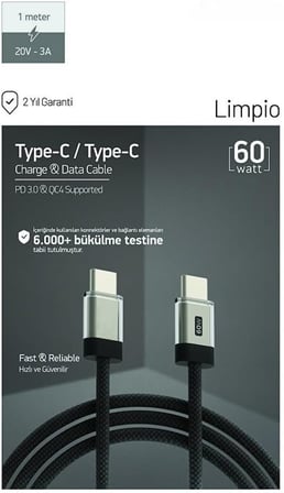 60W PD 3.0 Limpio Type-C to Type-C Hızlı Şarj ve Data Kablosu 1m Siyah