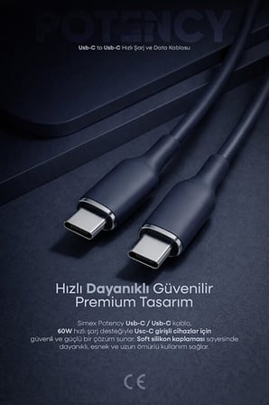 60W Potency Type-C to Type-C Isıya Dayanıklı Hızlı Şarj ve Data Kablosu 1.2m Siyah