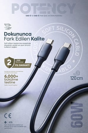 60W Potency Type-C to Type-C Isıya Dayanıklı Hızlı Şarj ve Data Kablosu 1.2m Siyah