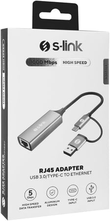 SWV-USBC029 Gri Metal Type-C + USB3.0 Çeviricili 10/100/1000Mbps Adaptör, USB3.0 Ethernet Çevirici, Type C Ethernet Çevirici