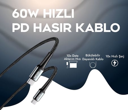 PD Type-C Ultra Hızlı Kırılmaz Siyah Şarj Kablosu