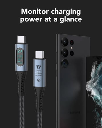 LED Ekranlı 240W USB C - USB C Hızlı Şarj Kablosu, (48V/5A) USB-C PD 3.1, Naylon Örgülü Tip C Erkek - Erkek Kablo Kablosu, MacBook Pro/Air/iPad/Google/HP/Lenovo/Samsung için Dizüstü Veri Kablosu