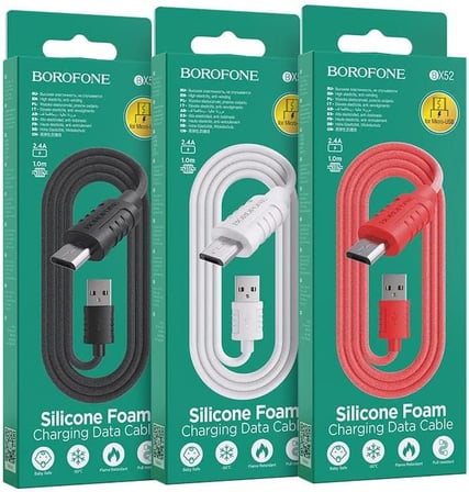 2.4A Hızlı Şarj ve Veri Kablosu | 1m Gıda Sınıfı Silikon Malzeme, USB - Micro USB Bağlantı, Yumuşak ve Dayanıklı Esnek Tasarım, Düğümlenme Önleyici Şarj Kablosu | BX52