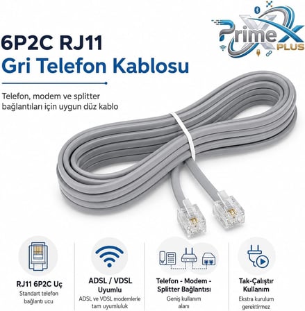 PrimeX PX-KKT10 2CX0.10mmx7 10 Metre ADSL RJ11 Telefon Kablosu Gri, ADSL, VDSL 2 Canlı Kablo
