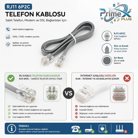 PrimeX PX-KKT10 2CX0.10mmx7 10 Metre ADSL RJ11 Telefon Kablosu Gri, ADSL, VDSL 2 Canlı Kablo