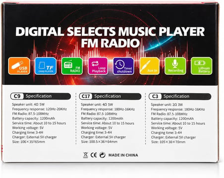 C9 Bluetooth Şarjlı Radyo USB & TF Kart Okuyucu Deprem Çantasına Uygun FM Radyo, Haki