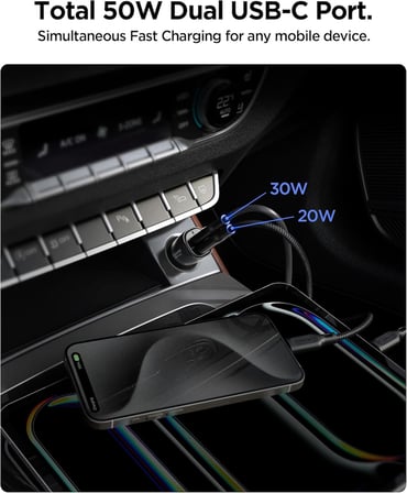 50W USB-C 2 Port Araç içi Hızlı Şarj Aleti PPS Desteği Akım Korumalı Güç Adaptörü Çakmaklık iPhone & Android & iPad & MacBook Type-C PD 3.0 30W + 20W EV502 - ACP08523