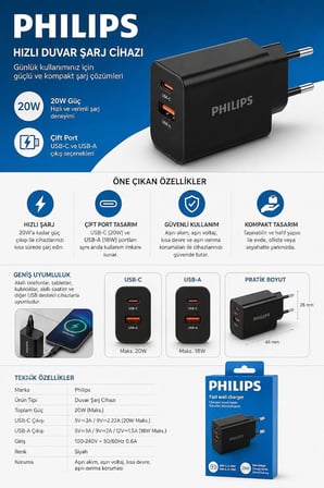 DLP4325AB/12 1*USB C 20W-1*USB A 18W Siyah Şarj Adaptörü