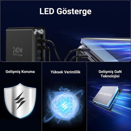 240W GaN PD 3.1 Masaüstü Hızlı Şarj Cihazı 4 Type-C + 2 USB-A iPhone & MacBook & Laptop Uyumlu Şarj Aleti
