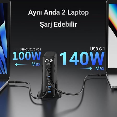 240W GaN PD 3.1 Masaüstü Hızlı Şarj Cihazı 4 Type-C + 2 USB-A iPhone & MacBook & Laptop Uyumlu Şarj Aleti