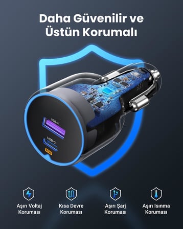 63W 2 Portlu Araç İçi Şarj Cihazı Çakmaklık Adaptörü, 35023
