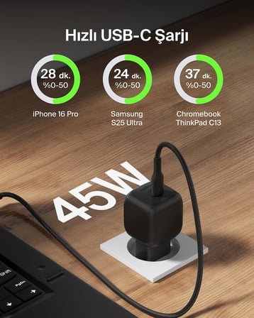 Kompakt Duvar Şarj Cihazı 45 W, Apple iPhone 17, 16 and 15 Serisi, Samsung Galaxy S25, iPad, AirPods ve Daha Fazlası için USB-C Güç İletimli Hızlı Şarj, Siyah