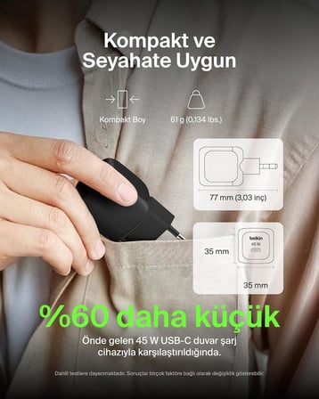 Kompakt Duvar Şarj Cihazı 45 W, Apple iPhone 17, 16 and 15 Serisi, Samsung Galaxy S25, iPad, AirPods ve Daha Fazlası için USB-C Güç İletimli Hızlı Şarj, Siyah