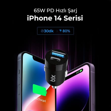 BXAC65C 65W PD Type-C & 18W USB-A Girişli Çift Portlu Hızlı Şarj Özellikli Araç İçi Şarj Cihazı Siyah