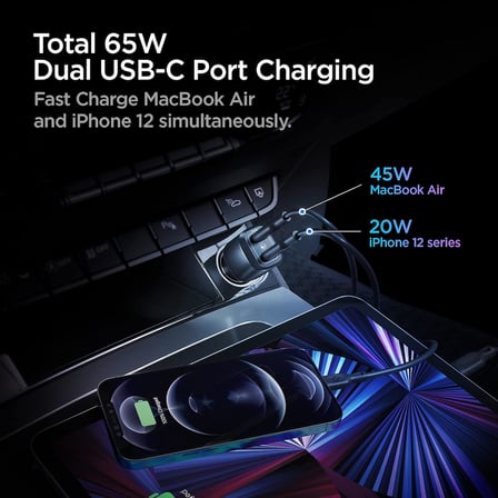 65W USB-C 2 Port Araç içi Hızlı Şarj Aleti PPS Desteği Akım Korumalı Güç Adaptörü Çakmaklık iPhone & Android & iPad & MacBook Type-C - ACP02562