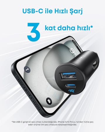 USB-C Araç Şarj Cihazı, 30W, 2 Bağlantı Noktalı, PowerIQ 3.0, Siyah - A2741