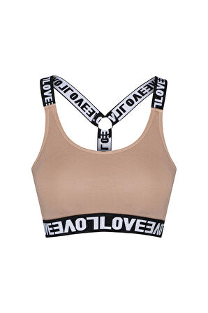 HNX Ekru Pamuklu LOVE Lastik Halka Detaylı  Pedli Kadın Büstiyer
