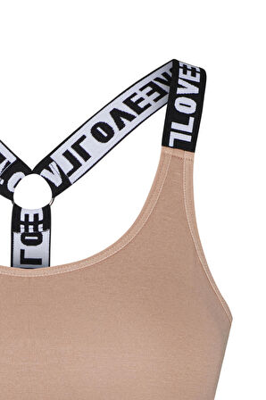 HNX Ekru Pamuklu LOVE Lastik Halka Detaylı  Pedli Kadın Büstiyer