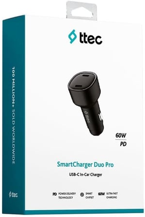 SmartCharger Duo PD 60W Araç Hızlı Şarj Aleti USB-C+USB-C Siyah