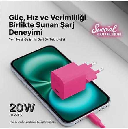 Special COLLECTION SmartCharger Pro GAN 20W PD Seyahat Hızlı Şarj Aleti + USB-C - USB-C 3A Kablo 1.2m 2SCG20CN (3 yıl garantili) (Neon Pembe)