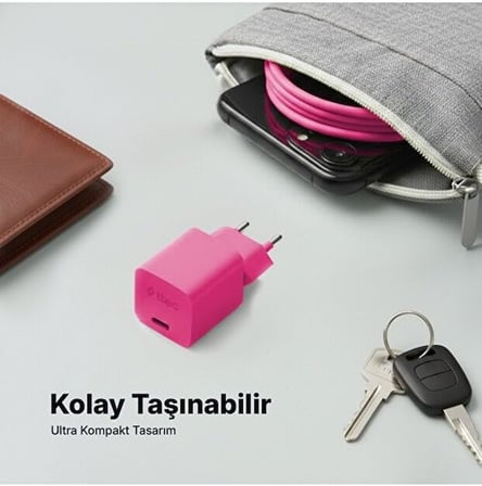 Special COLLECTION SmartCharger Pro GAN 20W PD Seyahat Hızlı Şarj Aleti + USB-C - USB-C 3A Kablo 1.2m 2SCG20CN (3 yıl garantili) (Neon Pembe)