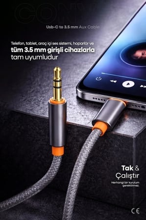 3.5mm Aux to Type-C,Lighting ile Uyumlu Kablolar (1metre, 2 metre) (Type-C 1 Metre)