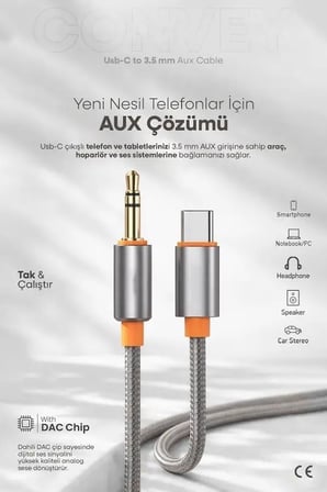 3.5mm Aux to Type-C,Lighting ile Uyumlu Kablolar (1metre, 2 metre) (Type-C 1 Metre)