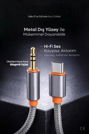 3.5mm Aux to Type-C,Lighting ile Uyumlu Kablolar (1metre, 2 metre) (Type-C 1 Metre)