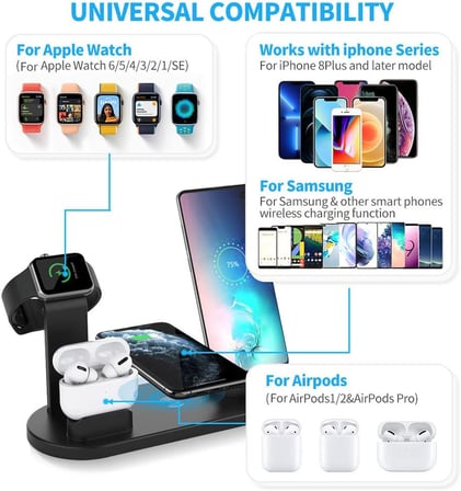 4'ü 1 arada Kablosuz Şarj Yuvası, Apple Mikro/Tip C Telefonlar için 360 Derece Dönen Şarj Yuvası, iWatch Serisi, Airpods, iPhone, Samsung Galaxy için Qi Hızlı Şarj Yuvası