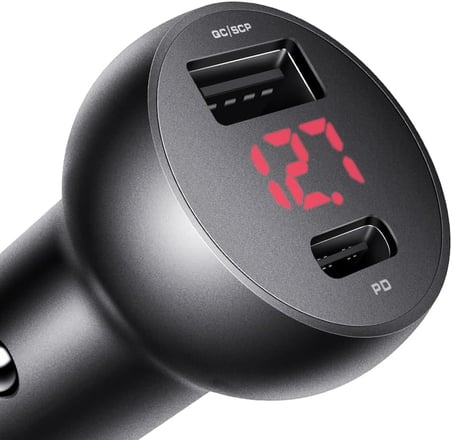 CC-6810 30W Araç Çakmaklık Şarj Cihazı, USB-C PD 3.0 + USB-A Çift Port, PPS/QC/AFC/FCP/SCP, Dijital Voltaj Göstergesi, 12–24V, Alüminyum Alaşım, Siyah
