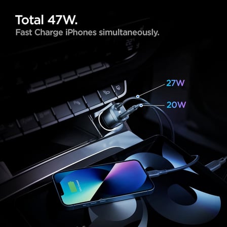 47W USB-C 2 Port Araç içi Hızlı Şarj Aleti + Lightning Şarj Kablosu Güç Adaptörü Çakmaklık iPhone & iPad Type-C - ACP04205