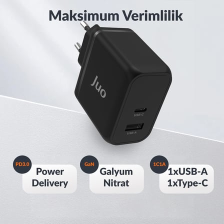65W GaN USB-C + USB-A Şarj Aleti iPhone & iPad & Macbook & Notebook Uyumlu PD Hızlı Şarj Cihazı