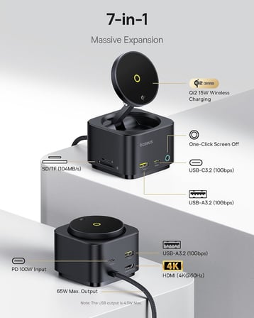 MagPro Series II 7in1 USB C Hub, 15W Qi2 Manyetik Kablosuz Şarj Standlı, 4K 60Hz HDMI, 100W PD Şarj, 10Gbps USB-A ve USB-C, SD/TF Kart Okuyucu, MacBook, iPhone, iPad, Laptop Uyumlu, Siyah