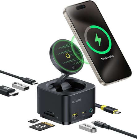 MagPro Series II 7in1 USB C Hub, 15W Qi2 Manyetik Kablosuz Şarj Standlı, 4K 60Hz HDMI, 100W PD Şarj, 10Gbps USB-A ve USB-C, SD/TF Kart Okuyucu, MacBook, iPhone, iPad, Laptop Uyumlu, Siyah