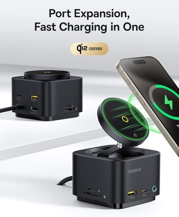 MagPro Series II 7in1 USB C Hub, 15W Qi2 Manyetik Kablosuz Şarj Standlı, 4K 60Hz HDMI, 100W PD Şarj, 10Gbps USB-A ve USB-C, SD/TF Kart Okuyucu, MacBook, iPhone, iPad, Laptop Uyumlu, Siyah