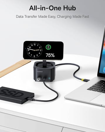 MagPro Series II 7in1 USB C Hub, 15W Qi2 Manyetik Kablosuz Şarj Standlı, 4K 60Hz HDMI, 100W PD Şarj, 10Gbps USB-A ve USB-C, SD/TF Kart Okuyucu, MacBook, iPhone, iPad, Laptop Uyumlu, Siyah