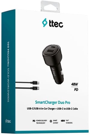 SmartCharger Duo PD 48W Araç Hızlı Şarj Aleti USB-C+USB-A - USB-C-USB-C 3A Kablo Siyah 2CKP02CS