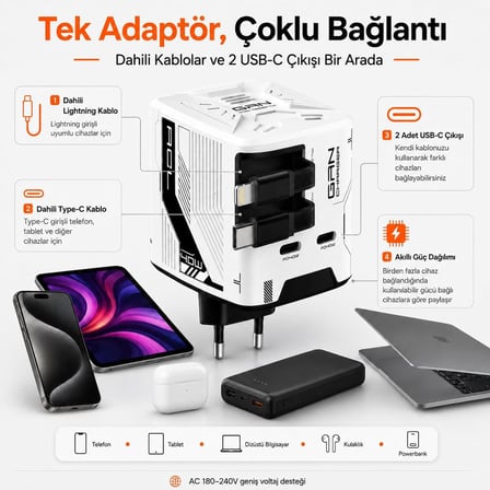 40W GaN+ Isınmayan Geri Sarılabilir Kablolu Hızlı Şarj Adaptörü - Beyaz