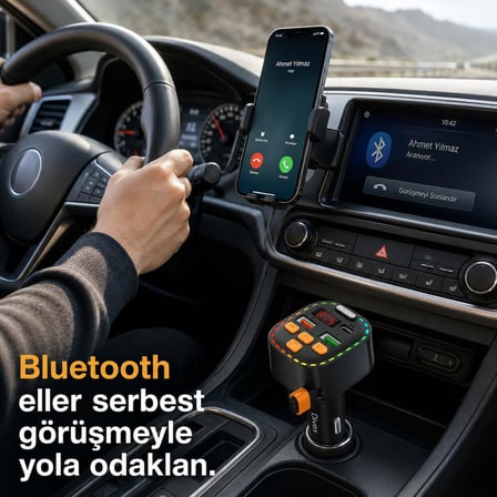 Bluetooth 5.3 FM Transmitter, Dahili Type-C Kablolu Çift USB 3.1A Araç Şarjı, Eller Serbest Görüşme, MP3/WMA/FLAC ve TF Kart Destekli 12-24V LED Ekranlı