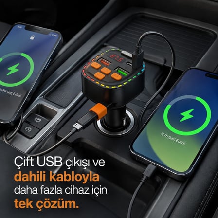 Bluetooth 5.3 FM Transmitter, Dahili Type-C Kablolu Çift USB 3.1A Araç Şarjı, Eller Serbest Görüşme, MP3/WMA/FLAC ve TF Kart Destekli 12-24V LED Ekranlı
