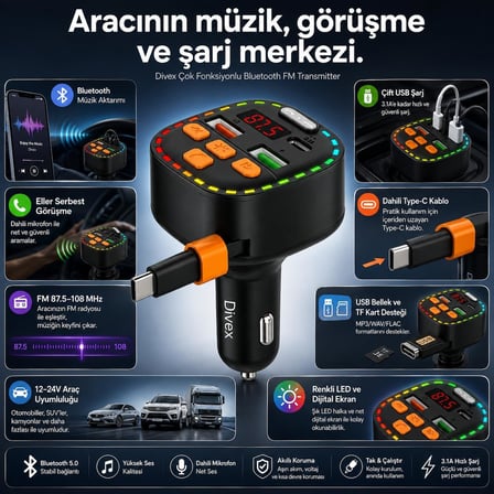 Bluetooth 5.3 FM Transmitter, Dahili Type-C Kablolu Çift USB 3.1A Araç Şarjı, Eller Serbest Görüşme, MP3/WMA/FLAC ve TF Kart Destekli 12-24V LED Ekranlı