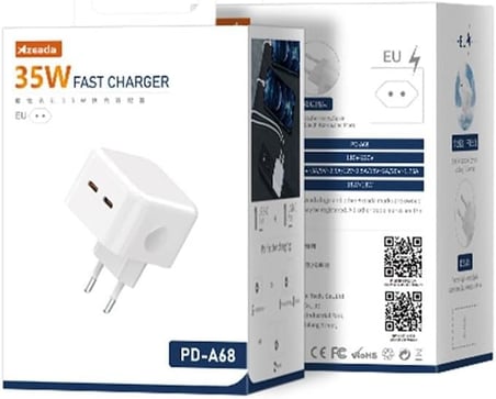 Azeada 35W Type-C + Type-C Hızlı Şarj Adaptörü Beyaz PD-A68 (35w Çift Giriş, Şarj Başlık)